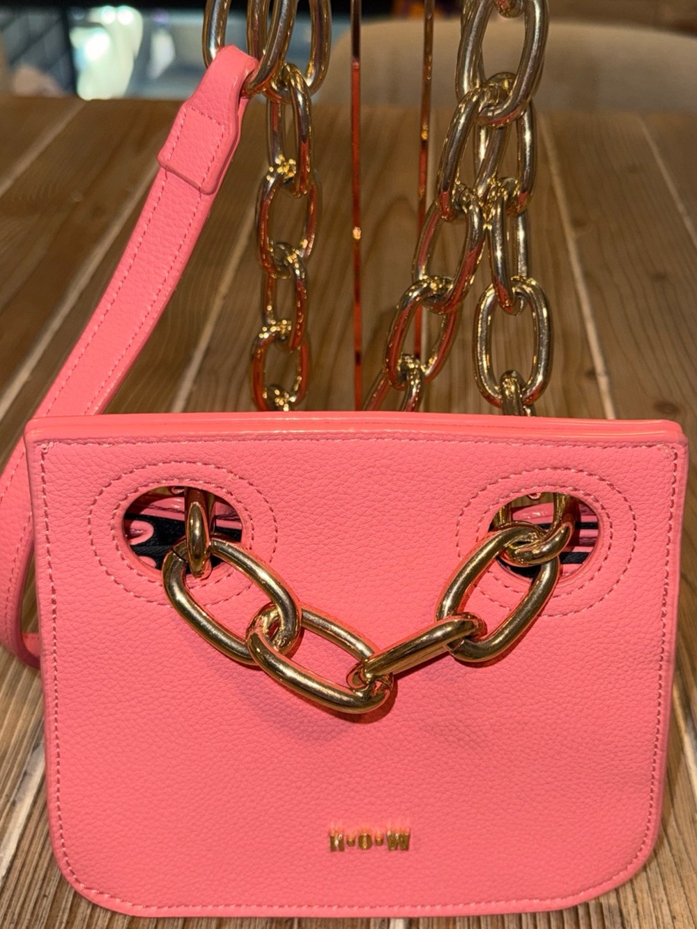 House of Want We Are Original Coral Pink Vegan Leather Chunky Gold Chain Bag